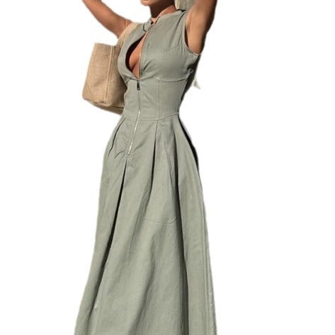European And American Sleeveless V-neck Casual Waist Zipper Collar Dress - ANIBEY