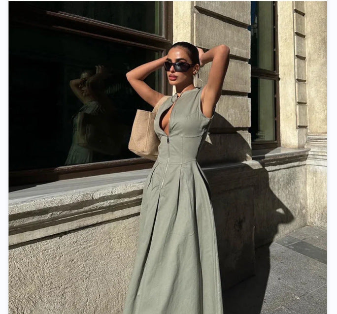 European And American Sleeveless V-neck Casual Waist Zipper Collar Dress - ANIBEY