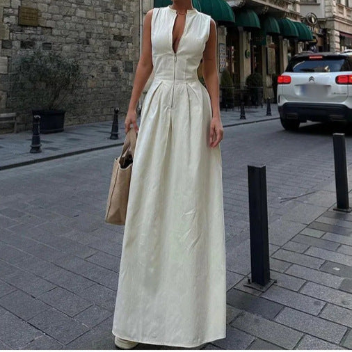 European And American Sleeveless V-neck Casual Waist Zipper Collar Dress - ANIBEY