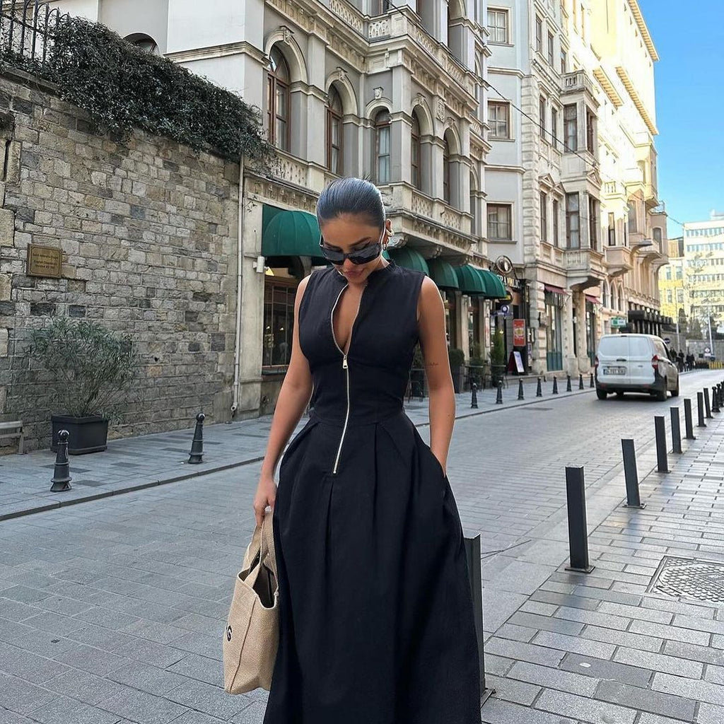 European And American Sleeveless V-neck Casual Waist Zipper Collar Dress - ANIBEY