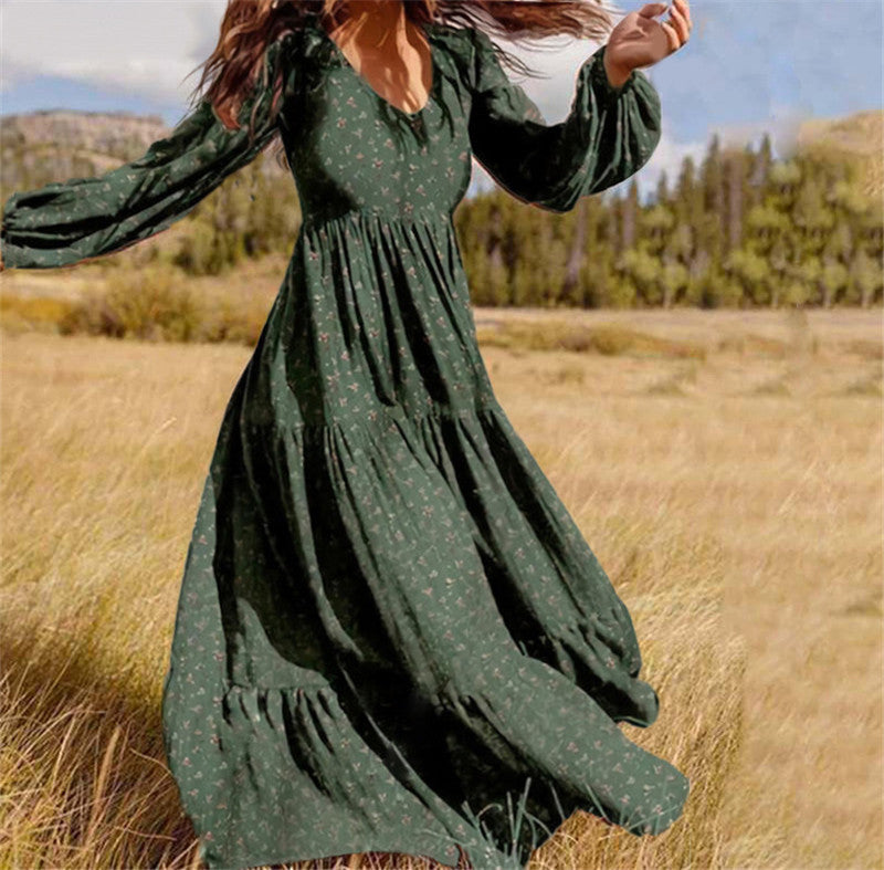 Long Sleeved Printed Dress Female V Neck Lantern Sleeve Stitching Large Swing Dress - ANIBEY