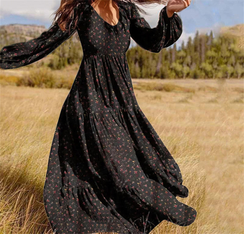 Long Sleeved Printed Dress Female V Neck Lantern Sleeve Stitching Large Swing Dress - ANIBEY