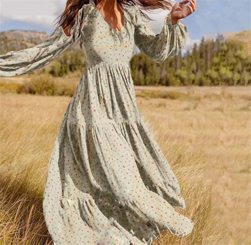Long Sleeved Printed Dress Female V Neck Lantern Sleeve Stitching Large Swing Dress - ANIBEY