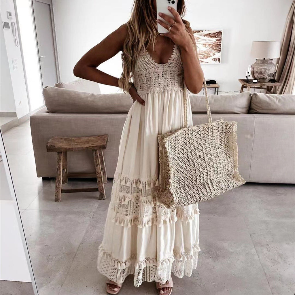Women's Casual Lace Panel Sleeveless Long Dress - ANIBEY