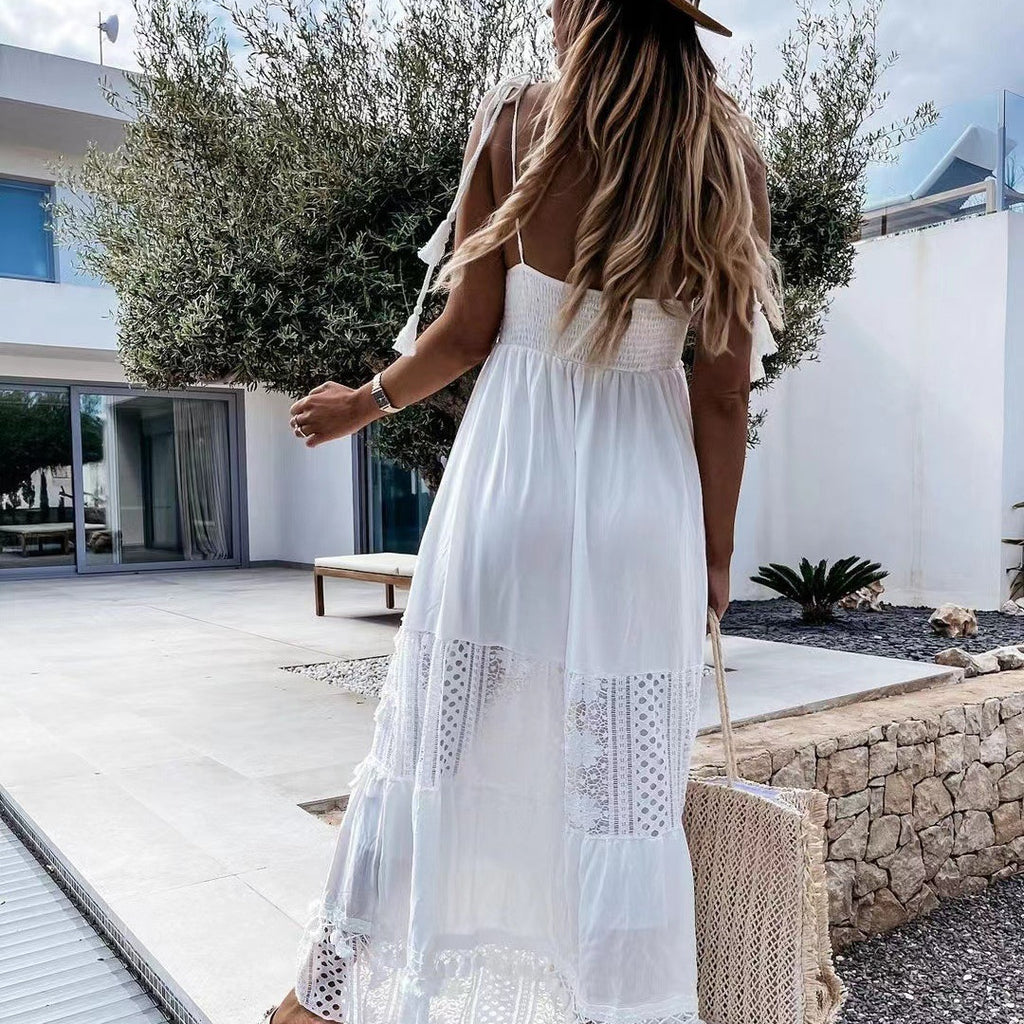 Women's Casual Lace Panel Sleeveless Long Dress - ANIBEY