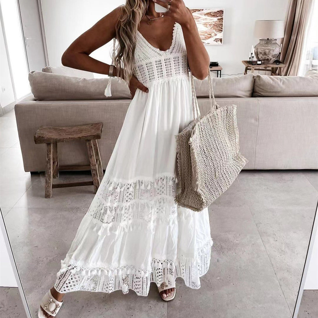Women's Casual Lace Panel Sleeveless Long Dress - ANIBEY