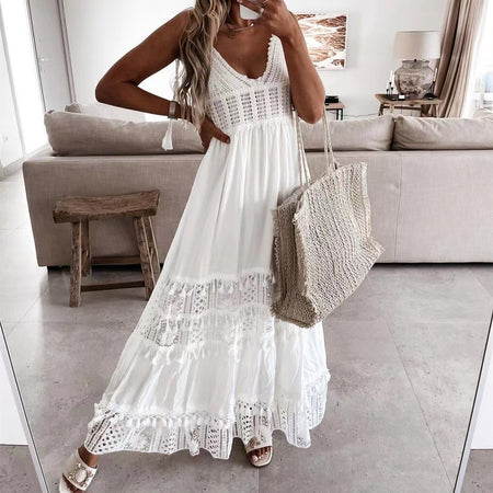 Women's Casual Lace Panel Sleeveless Long Dress - ANIBEY