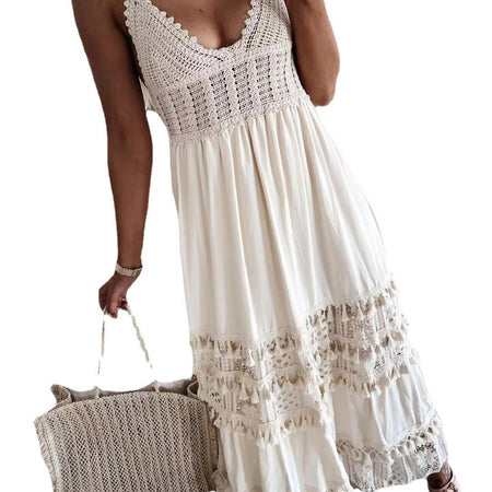 Women's Casual Lace Panel Sleeveless Long Dress - ANIBEY