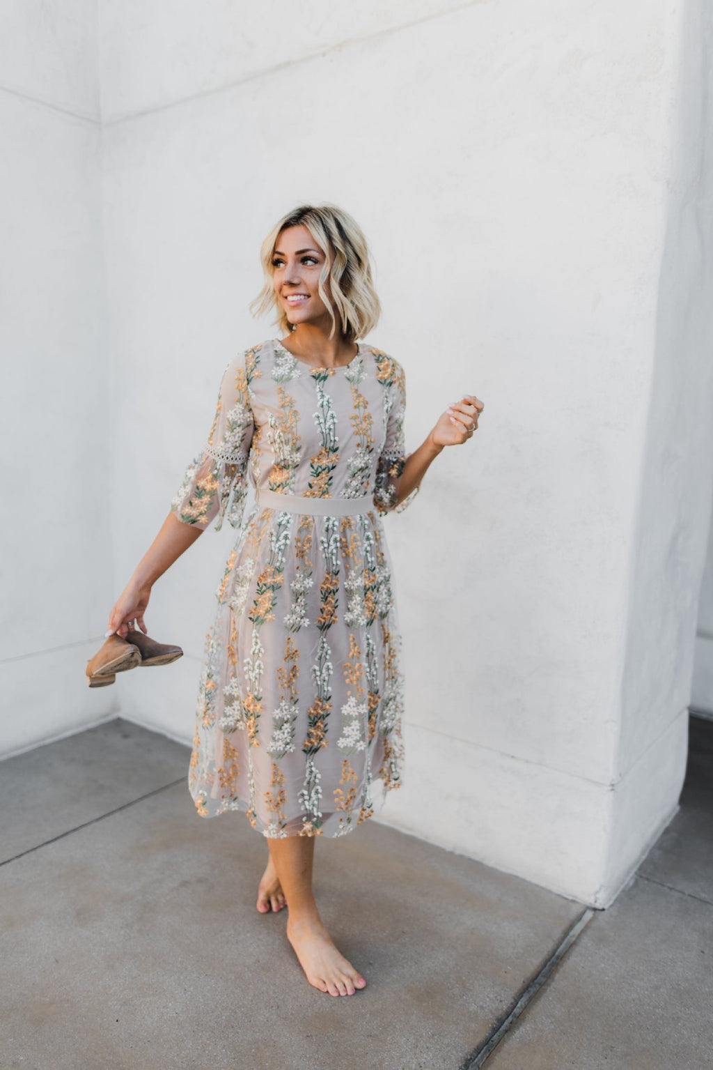 Embroidered Wisteria Flower Mesh High Waist Slim Mid-length Dress - ANIBEY