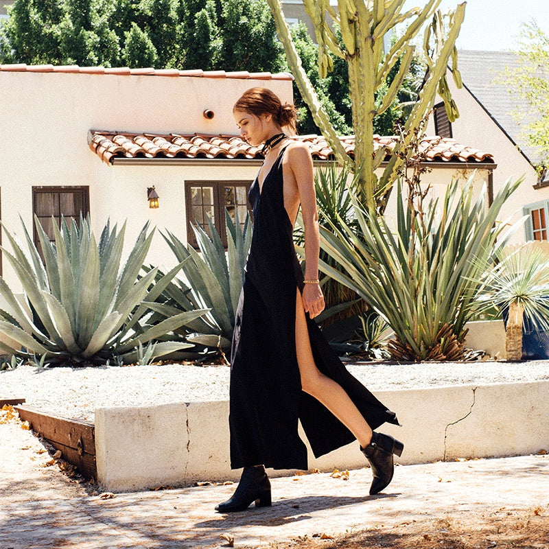 Backless V- Neck Golden Dress - ANIBEY