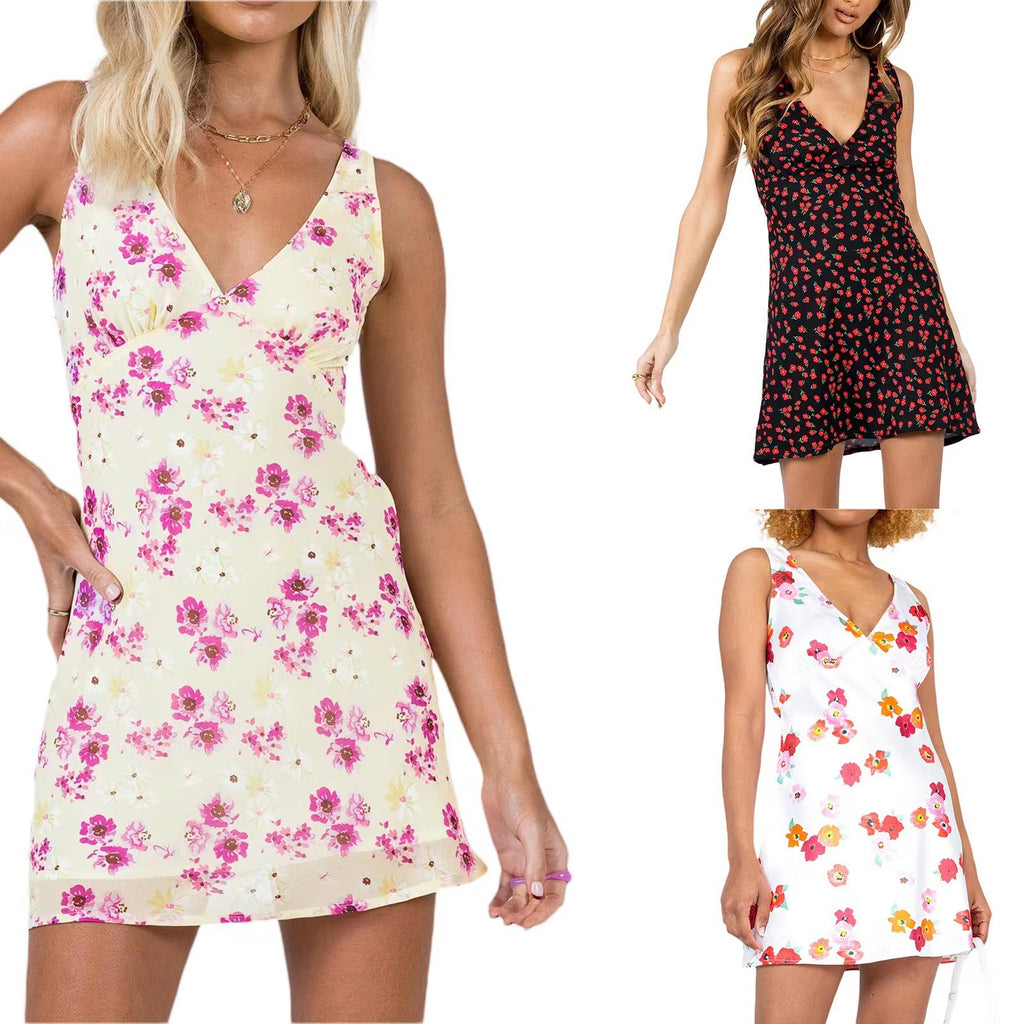V-neck Floral Print Elegance Sleeveless Tank Dress - ANIBEY