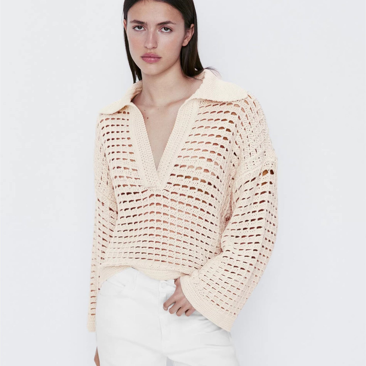 Women's Pastoral Style Knitted Crochet Summer Mesh Sweater - ANIBEY