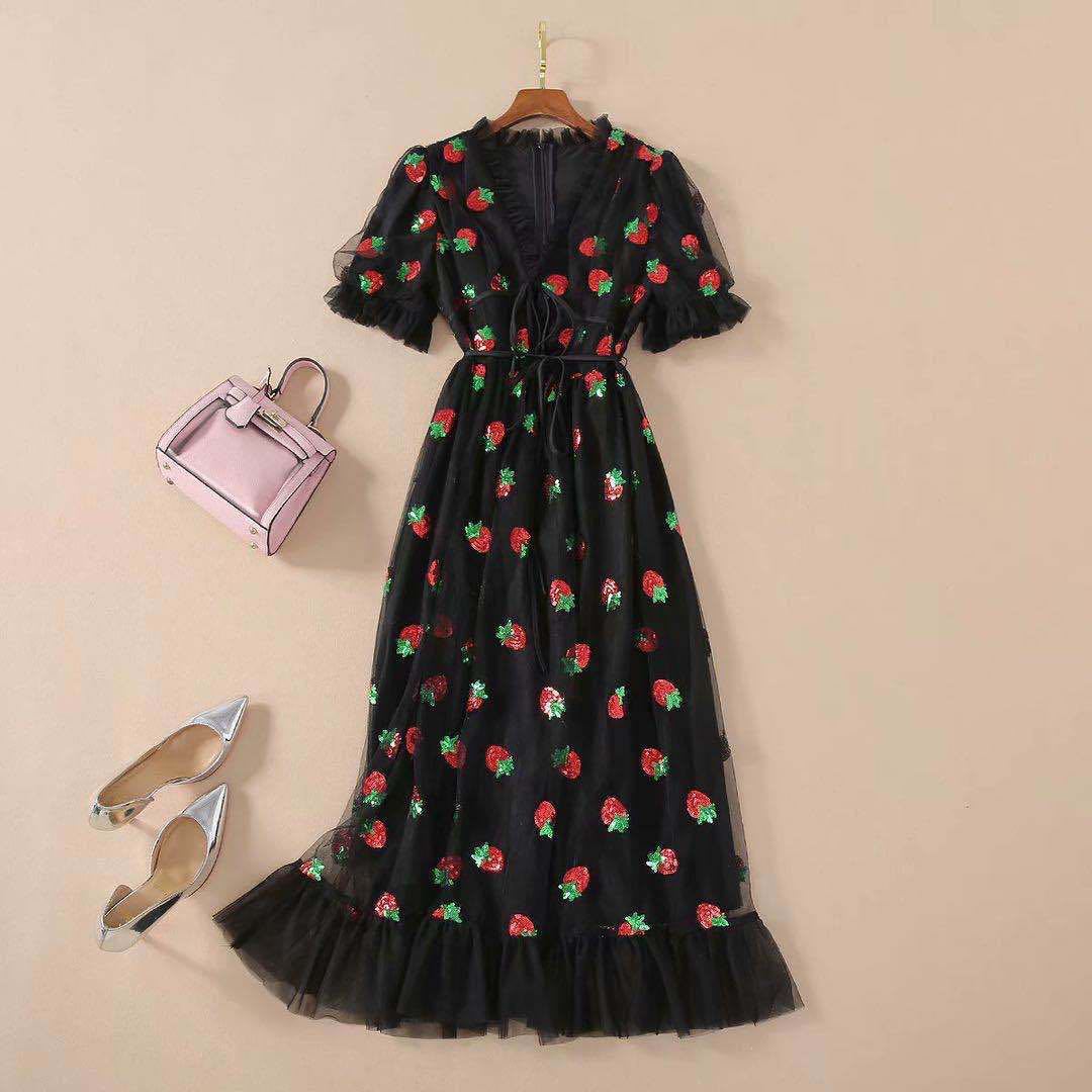 Cross-Border Dress French Strawberry Two-Color Sequined Long Skirt Mesh Lace Strap Slim Fashion Even - ANIBEY