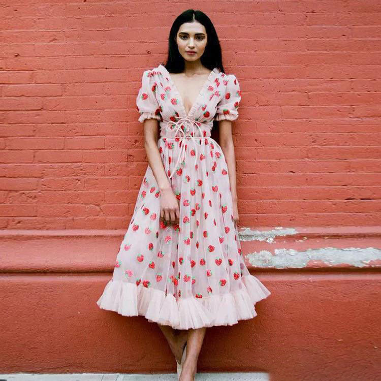 Cross-Border Dress French Strawberry Two-Color Sequined Long Skirt Mesh Lace Strap Slim Fashion Even - ANIBEY