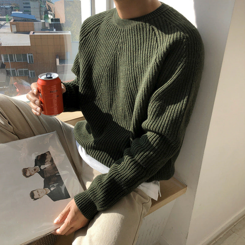 Men's Solid Color Crew Neck Ribbed Sweater - ANIBEY