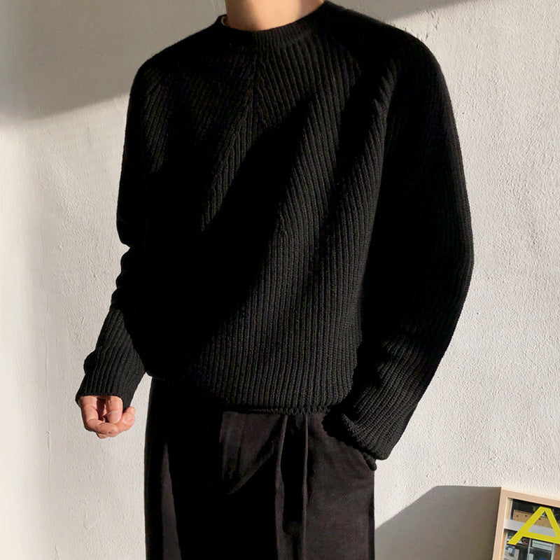 Men's Solid Color Crew Neck Ribbed Sweater - ANIBEY