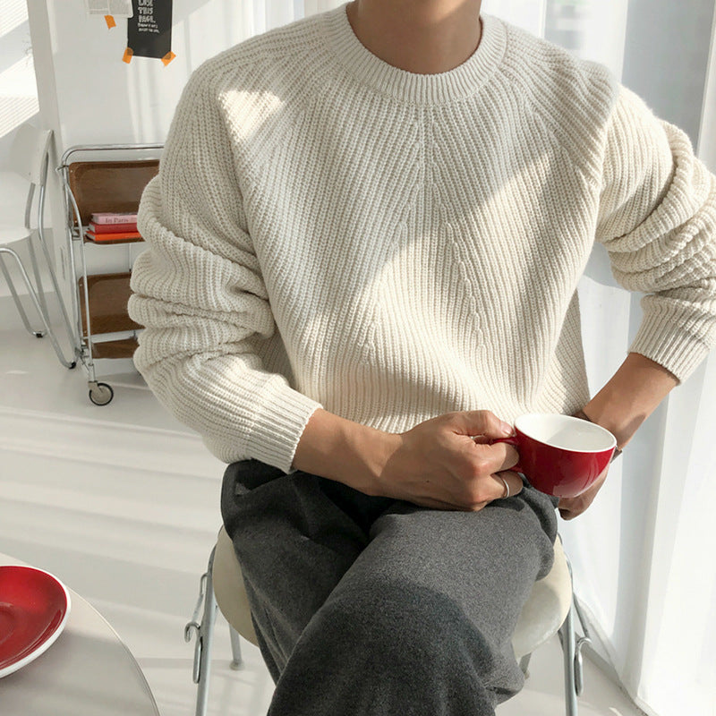Men's Solid Color Crew Neck Ribbed Sweater - ANIBEY