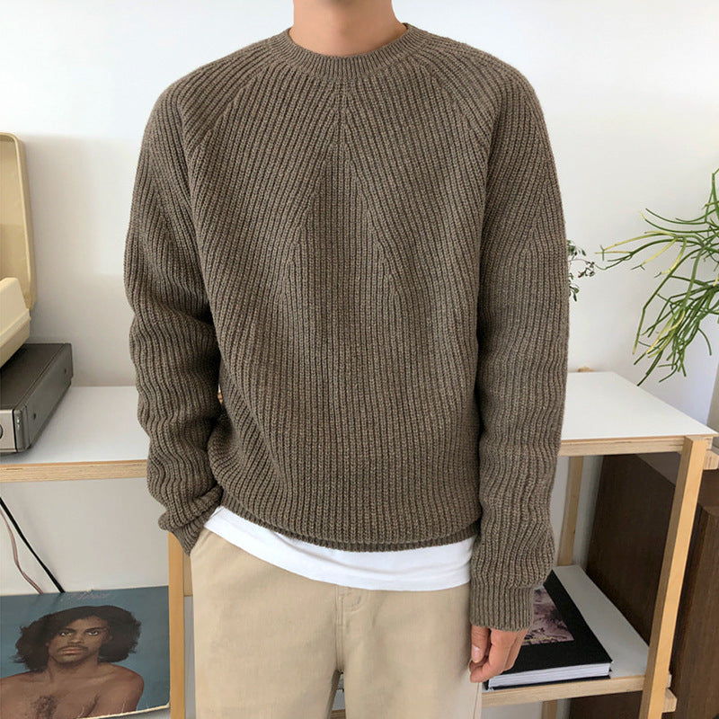 Men's Solid Color Crew Neck Ribbed Sweater - ANIBEY
