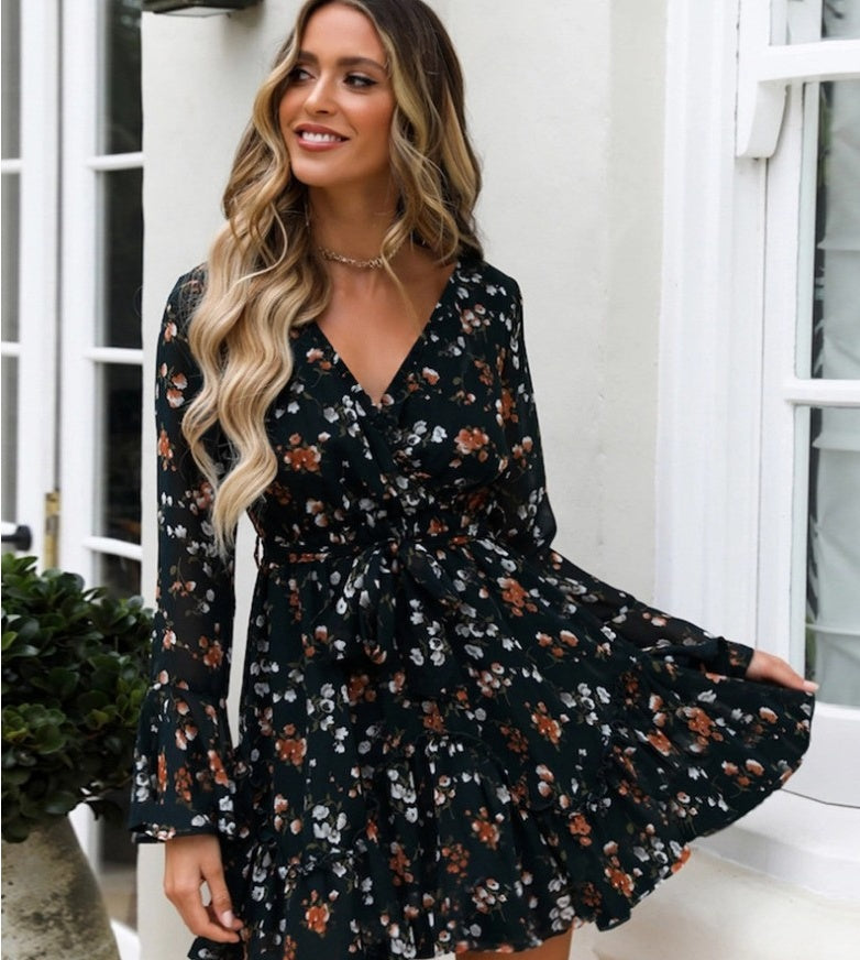 New Fashion Deep V Slim Fit Flare Sleeve Dress - ANIBEY