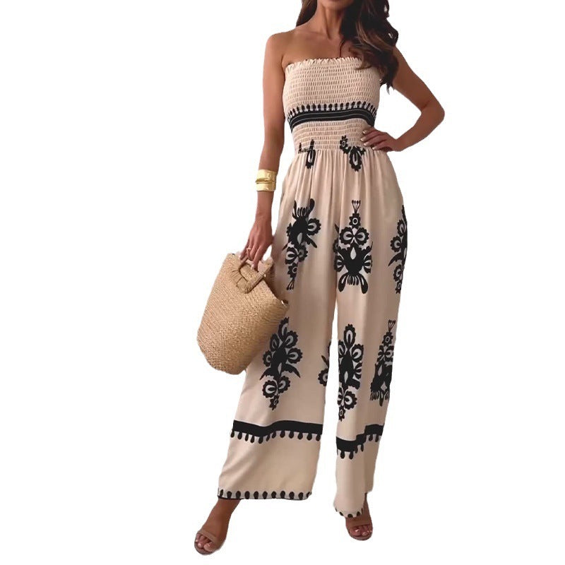 Off-shoulder Tube Top Printed One-piece Trousers - ANIBEY