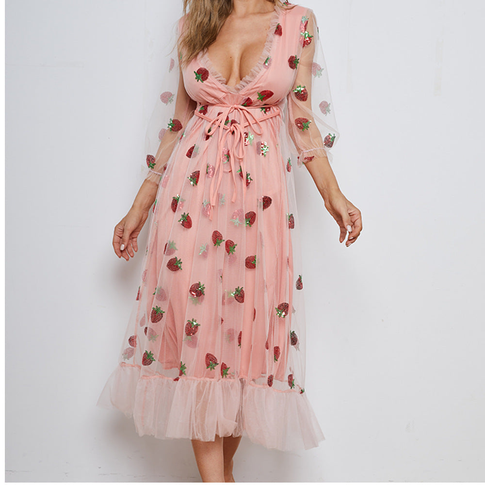 Sequin Embroidery Autumn And Winter Long-sleeved French Dress With Ruffles - ANIBEY