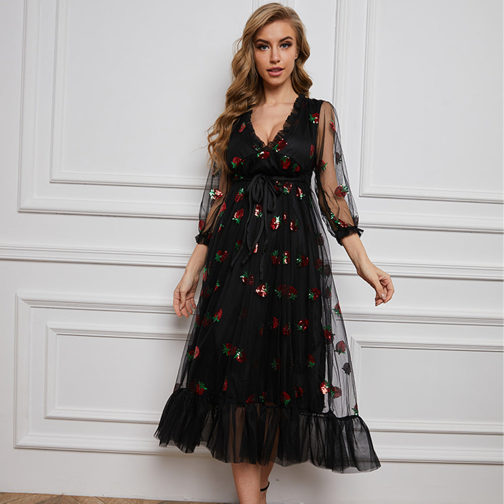 Sequin Embroidery Autumn And Winter Long-sleeved French Dress With Ruffles - ANIBEY