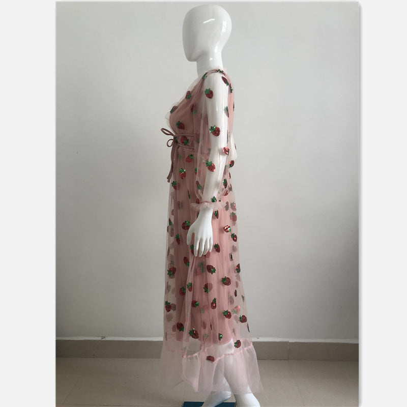 Sequin Embroidery Autumn And Winter Long-sleeved French Dress With Ruffles - ANIBEY