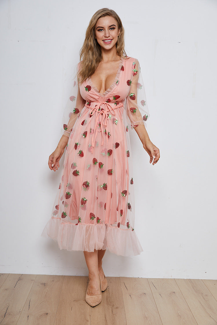 Sequin Embroidery Autumn And Winter Long-sleeved French Dress With Ruffles - ANIBEY