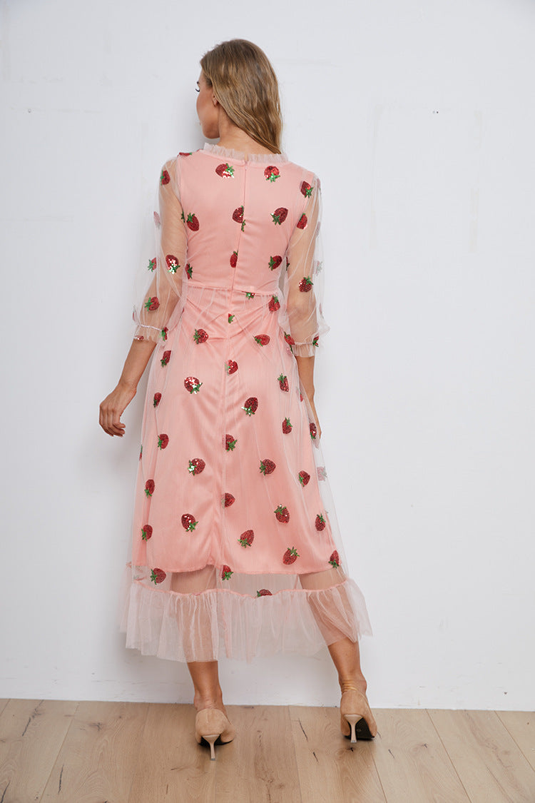 Sequin Embroidery Autumn And Winter Long-sleeved French Dress With Ruffles - ANIBEY