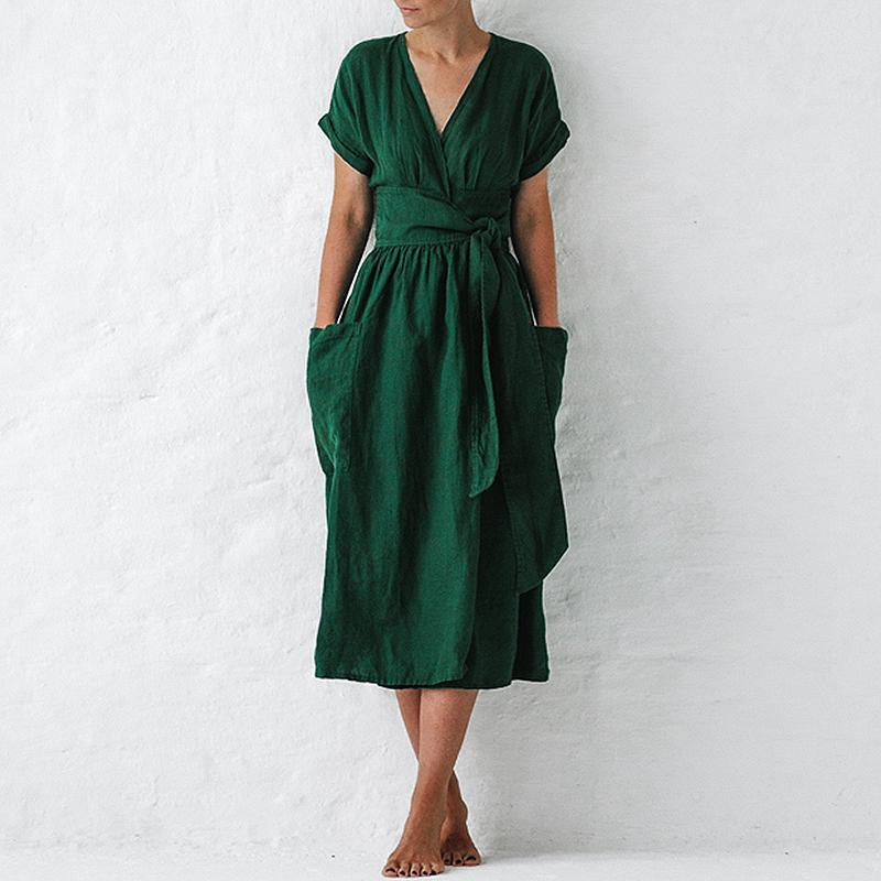 Short Sleeve V-neck Pocket Solid Color Loose Linen Dress - ANIBEY