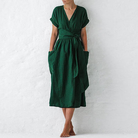 Short Sleeve V-neck Pocket Solid Color Loose Linen Dress - ANIBEY