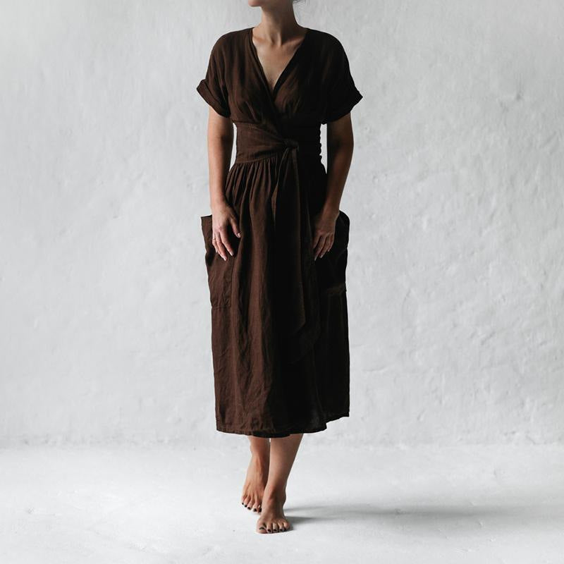 Short Sleeve V-neck Pocket Solid Color Loose Linen Dress - ANIBEY