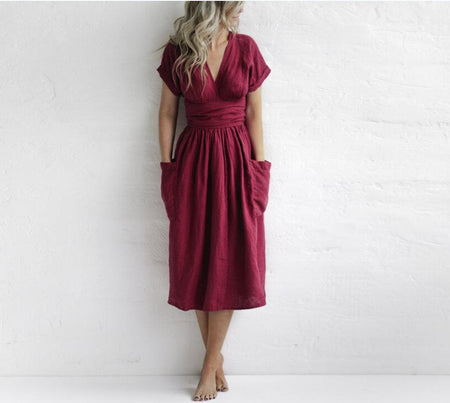 Short Sleeve V-neck Pocket Solid Color Loose Linen Dress - ANIBEY