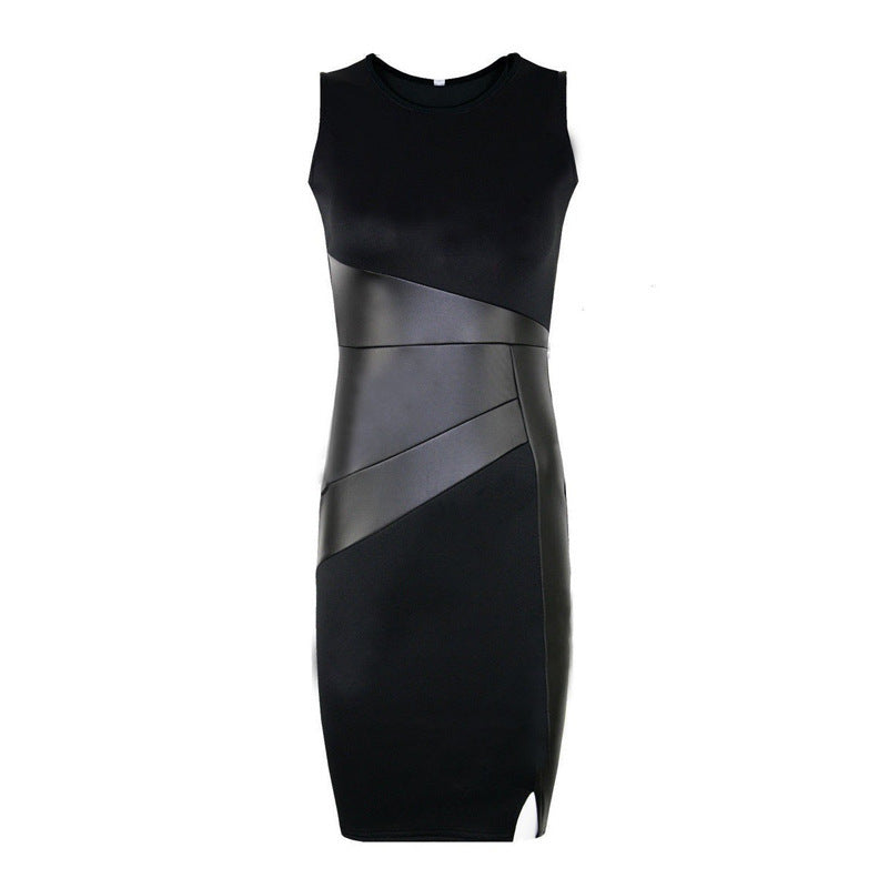 Slim OL Leather Patchwork Pencil Skirt Sexy Dress - ANIBEY