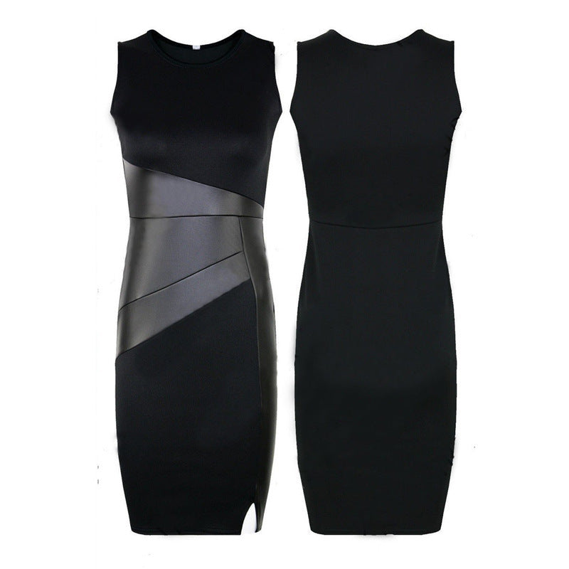 Slim OL Leather Patchwork Pencil Skirt Sexy Dress - ANIBEY
