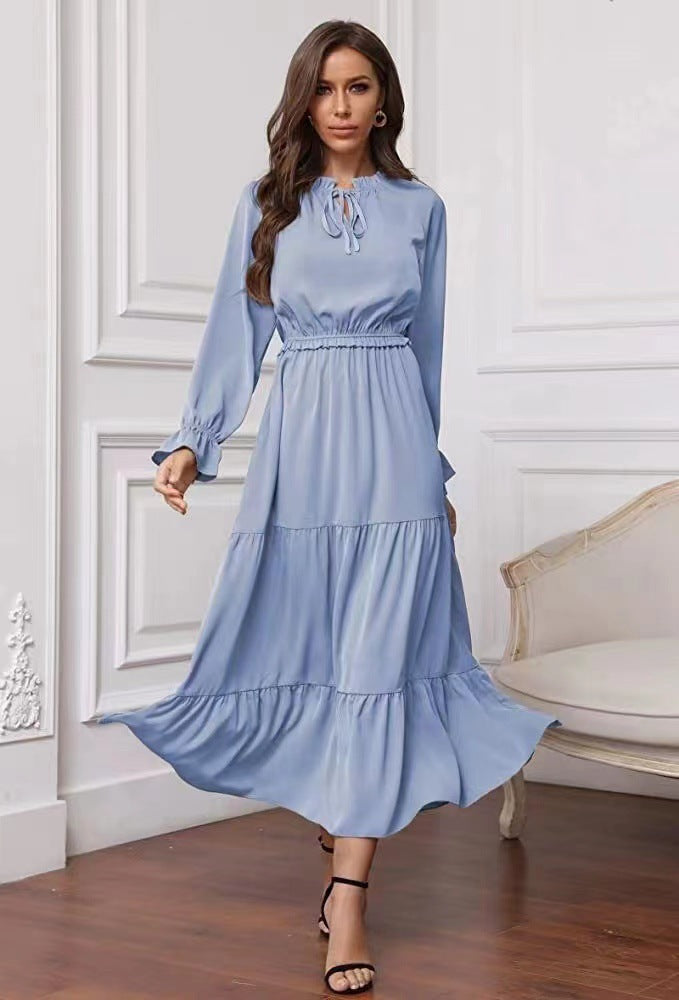 Summer Solid Color Long Sleeve European And American Style Women Dress Ladies - ANIBEY