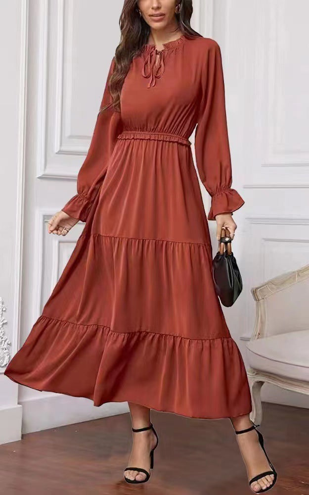 Summer Solid Color Long Sleeve European And American Style Women Dress Ladies - ANIBEY