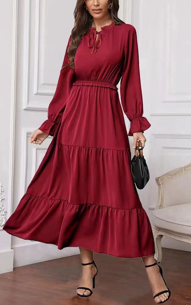 Summer Solid Color Long Sleeve European And American Style Women Dress Ladies - ANIBEY