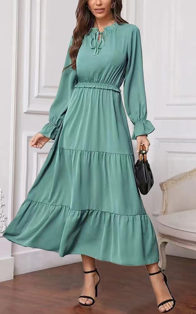 Summer Solid Color Long Sleeve European And American Style Women Dress Ladies - ANIBEY