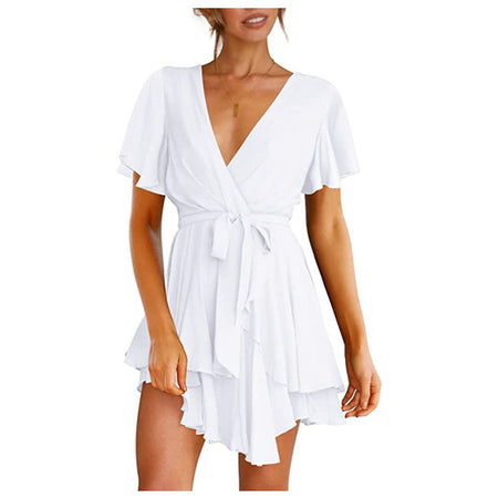 V-Neck Short Sleeve Mini Flowy Dress - ANIBEY