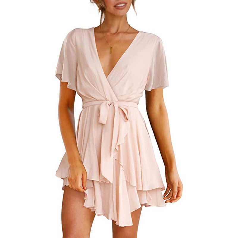 V-Neck Short Sleeve Mini Flowy Dress - ANIBEY
