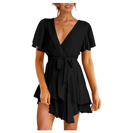 V-Neck Short Sleeve Mini Flowy Dress - ANIBEY
