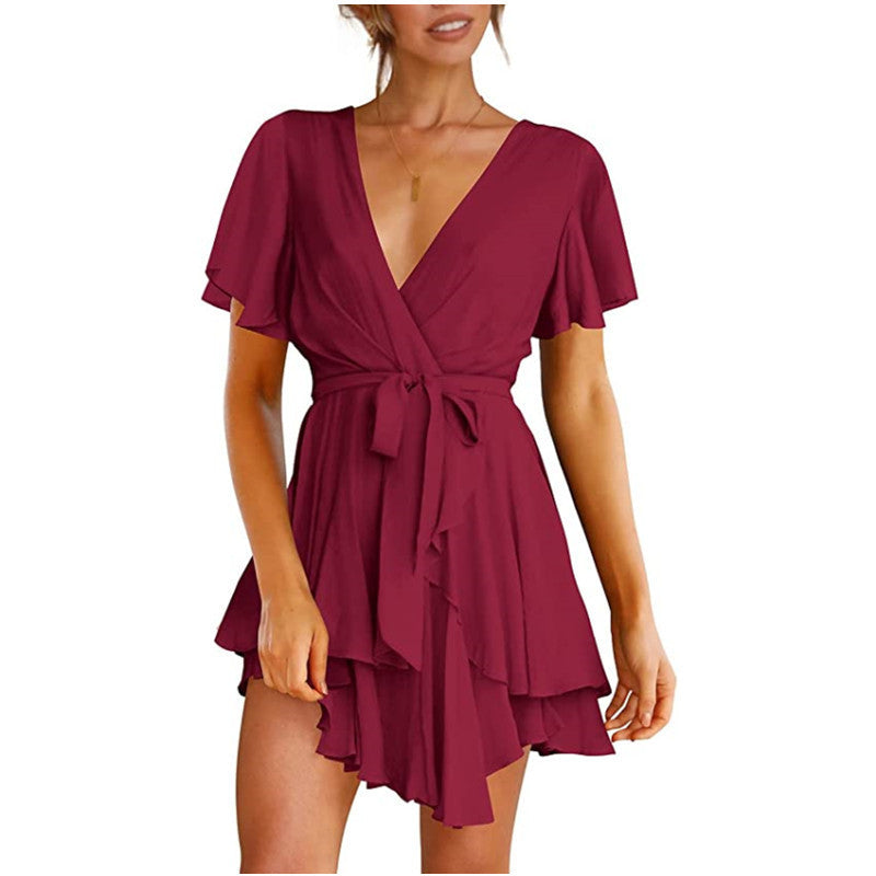 V-Neck Short Sleeve Mini Flowy Dress - ANIBEY