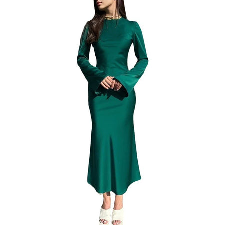 Women's Clothing Temperament Pure Color Long Sleeve Round Neck Waist Trimming Sheath French Dress - ANIBEY