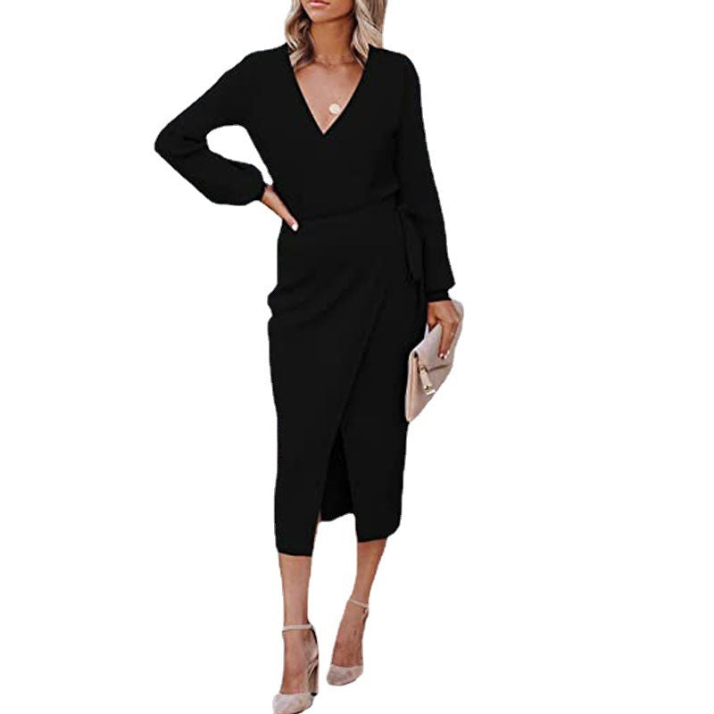 Women's Elegant V-Neck Solid Color Knit Dress - ANIBEY