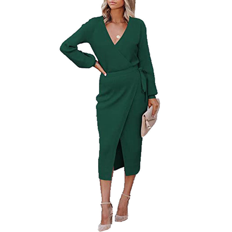 Women's Elegant V-Neck Solid Color Knit Dress - ANIBEY