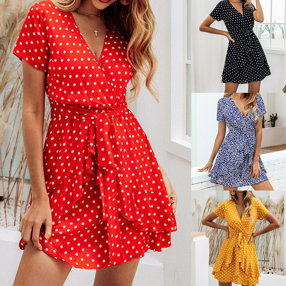 Cross V-neck tie rope waist sexy dress - ANIBEY