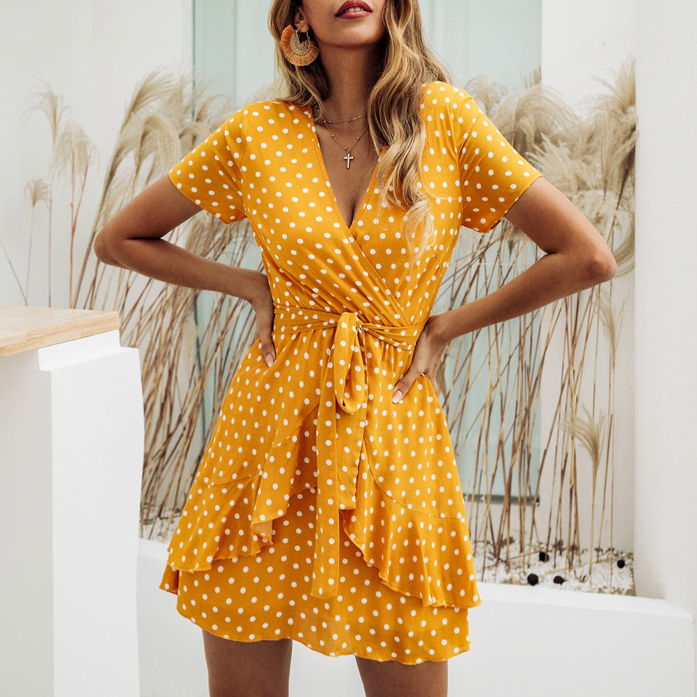 Cross V-neck tie rope waist sexy dress - ANIBEY