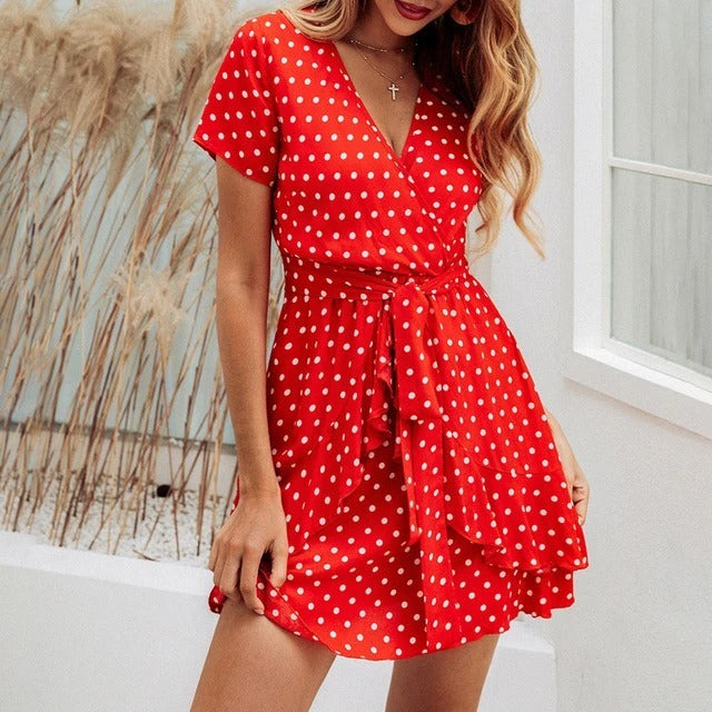 Cross V-neck tie rope waist sexy dress - ANIBEY