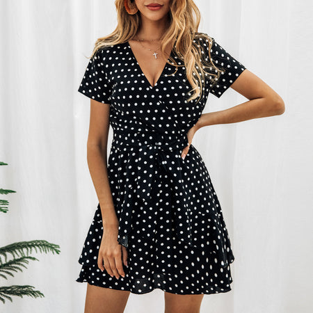 Cross V-neck tie rope waist sexy dress - ANIBEY